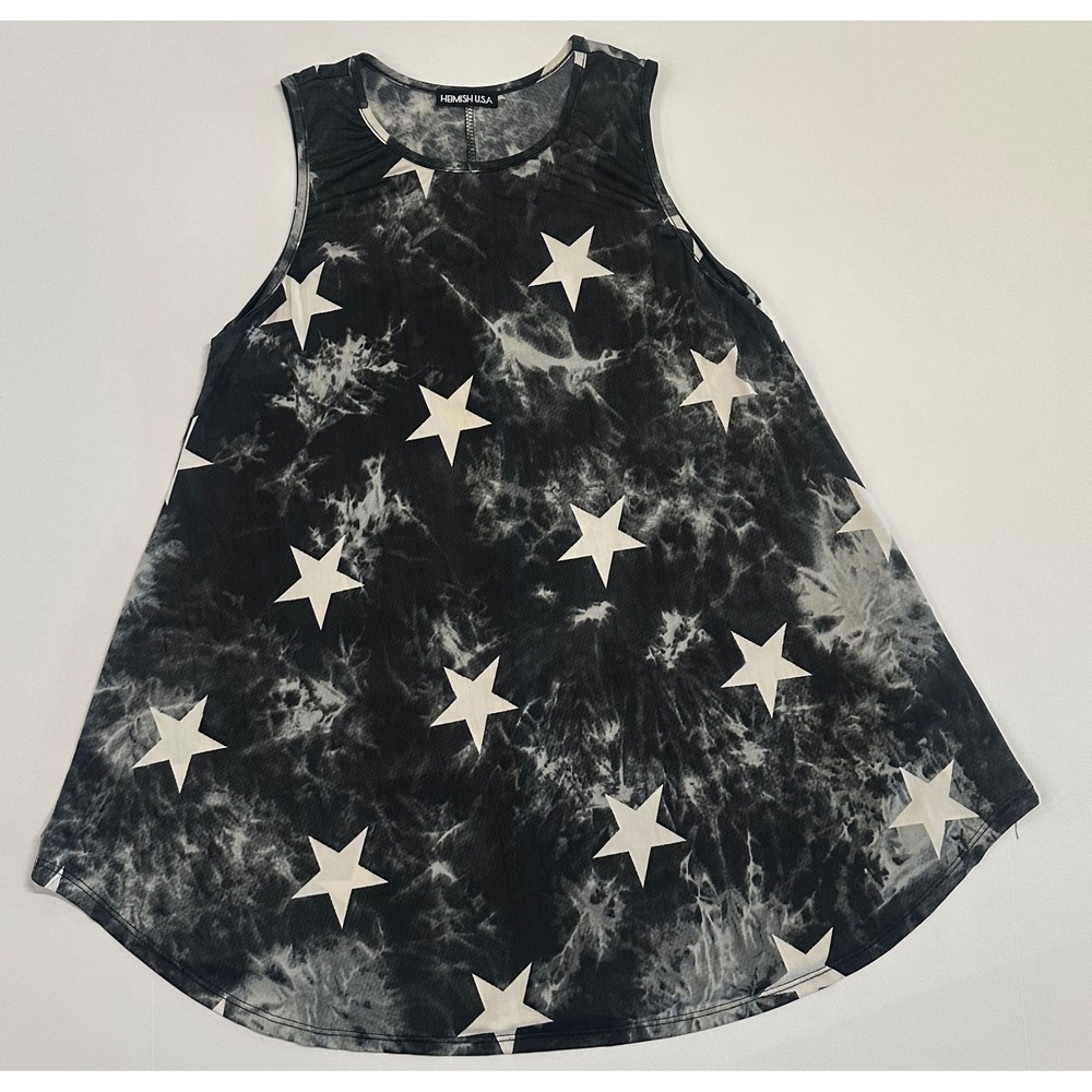 Heimish USA Womens Tie Dye Star Print Sleeveless Swing Tank Top Black White M